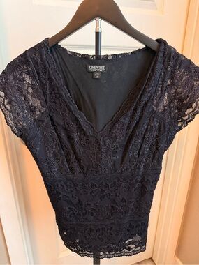 One West Navy Lace V-Neck Blouse